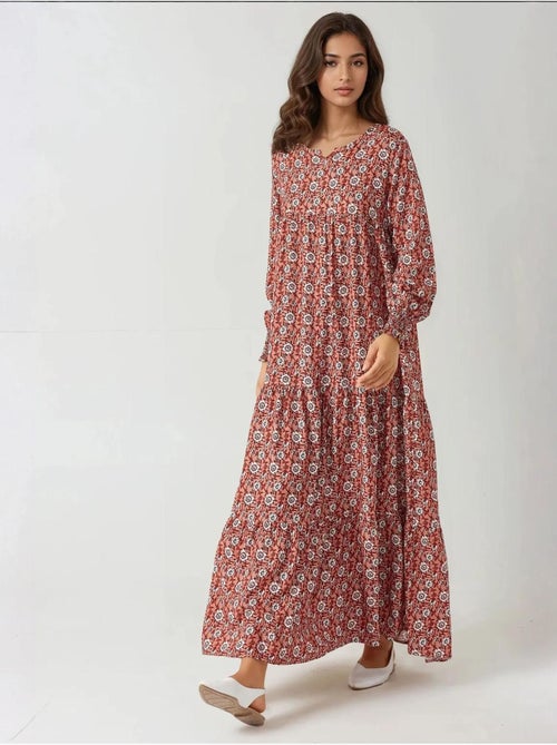 Robe longue imprimée en viscose à col ras du cou - Kiabi