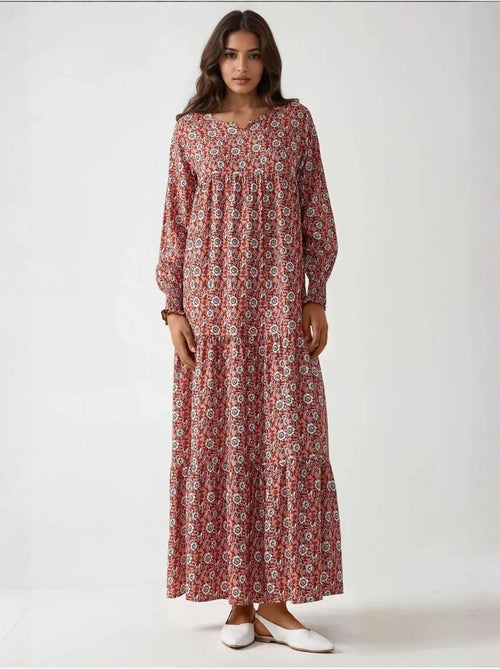Robe longue imprimée en viscose à col ras du cou - Kiabi