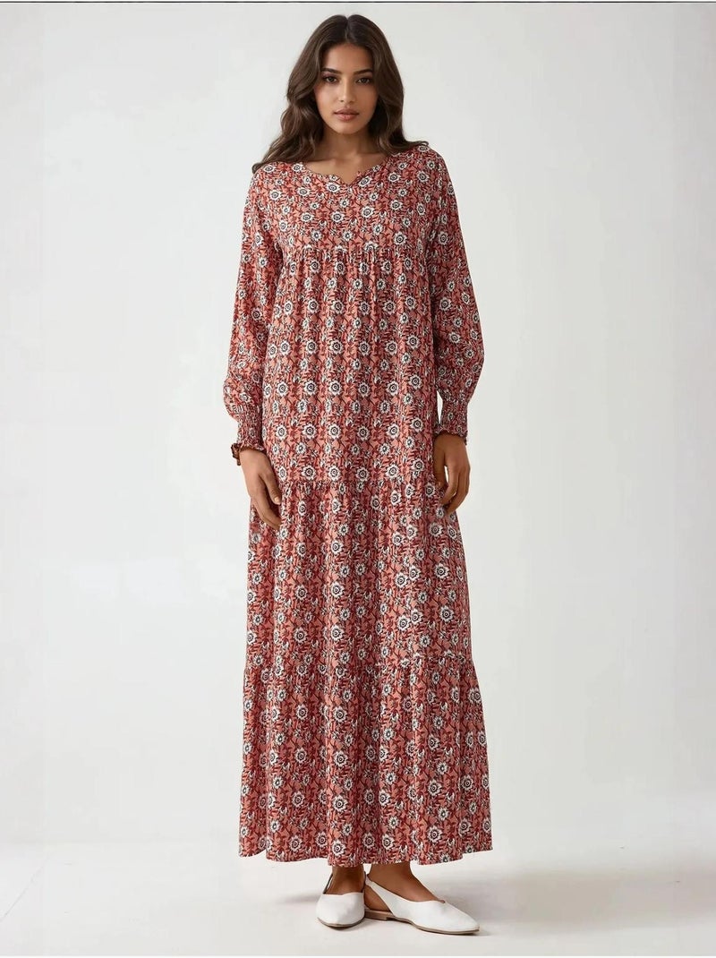 Robe longue imprimée en viscose à col ras du cou Rouge - Kiabi