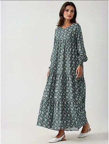 Robe longue imprimée en viscose à col ras du cou