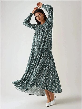 Robe longue imprimée en viscose à col ras du cou