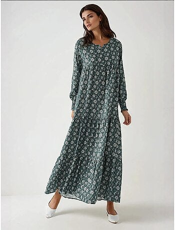 Robe longue imprimée en viscose à col ras du cou
