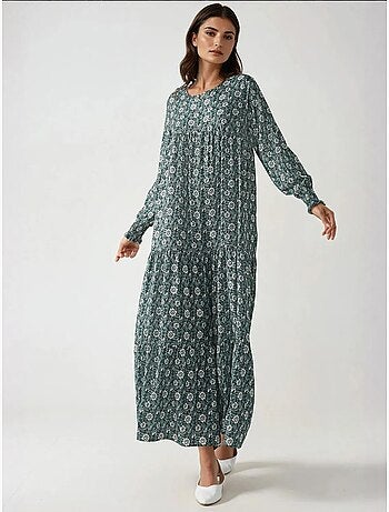 Robe longue imprimée en viscose à col ras du cou