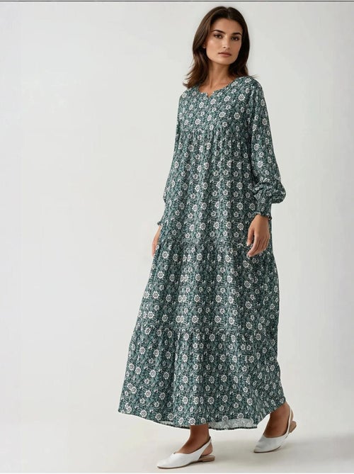 Robe longue imprimée en viscose à col ras du cou - Kiabi