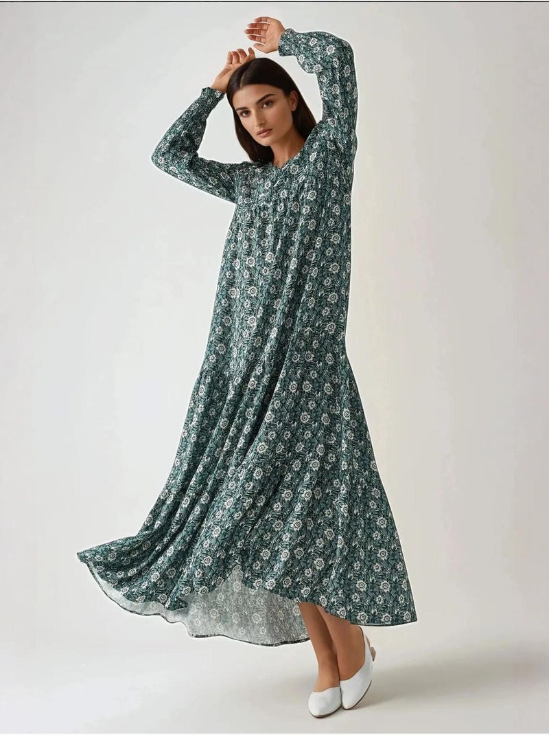 Robe longue imprimée en viscose à col ras du cou Vert pastel - Kiabi