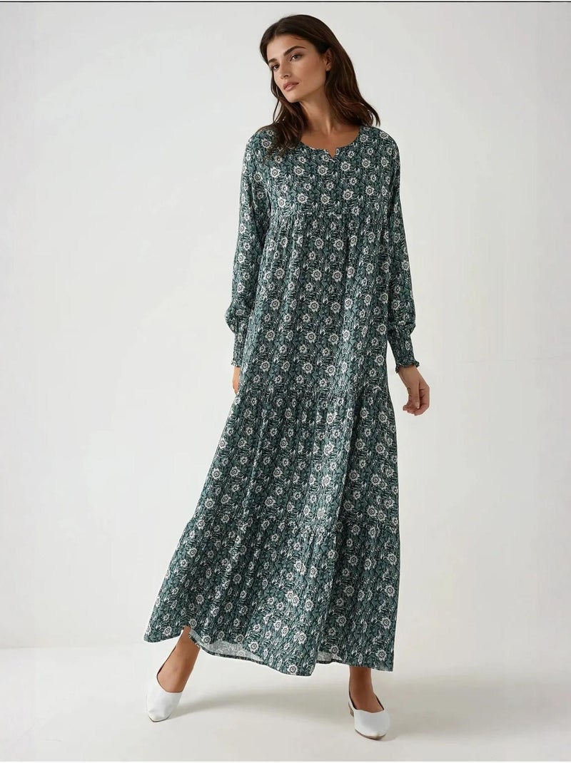 Robe longue imprimée en viscose à col ras du cou Vert pastel - Kiabi