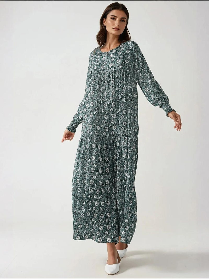 Robe longue imprimée en viscose à col ras du cou Vert pastel - Kiabi