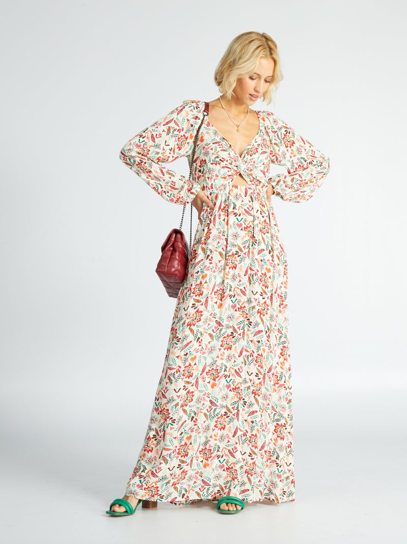 Robe longue imprimée et découpe poitrine Beige imprimé - Kiabi