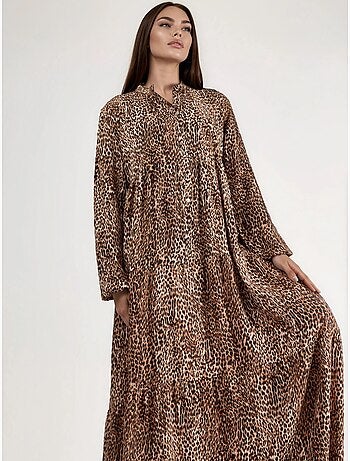 Robe longue imprimée léopard, coupe confortable, col en v et fermeture boutonnée