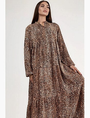Robe longue imprimée léopard, coupe confortable, col en v et fermeture boutonnée hiccup