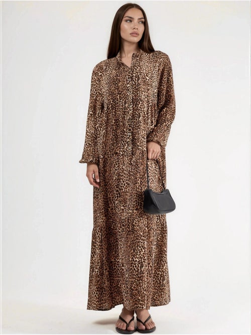 Robe longue imprimée léopard, coupe confortable, col en v et fermeture boutonnée hiccup - Kiabi