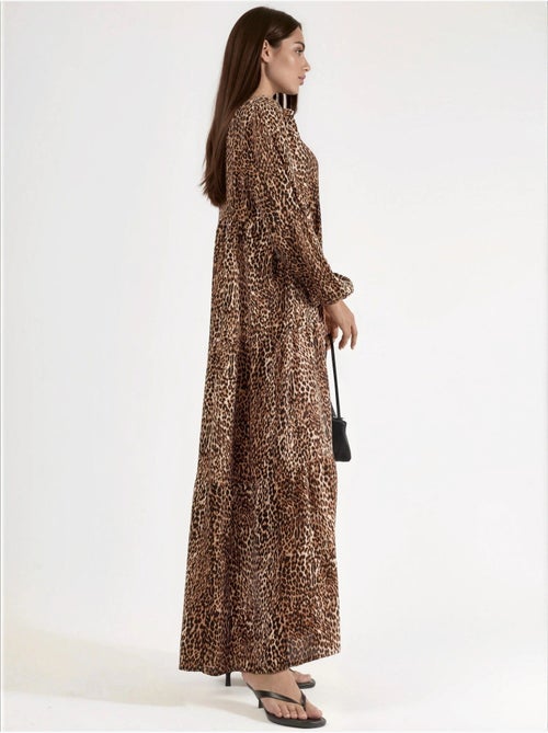 Robe longue imprimée léopard, coupe confortable, col en v et fermeture boutonnée hiccup - Kiabi