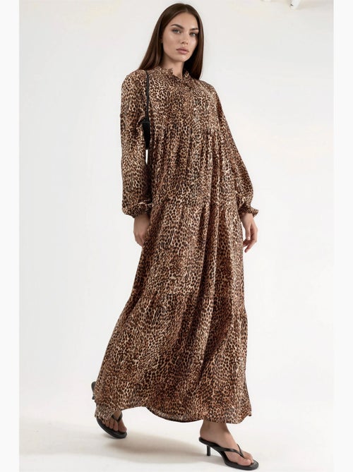 Robe longue imprimée léopard, coupe confortable, col en v et fermeture boutonnée hiccup - Kiabi