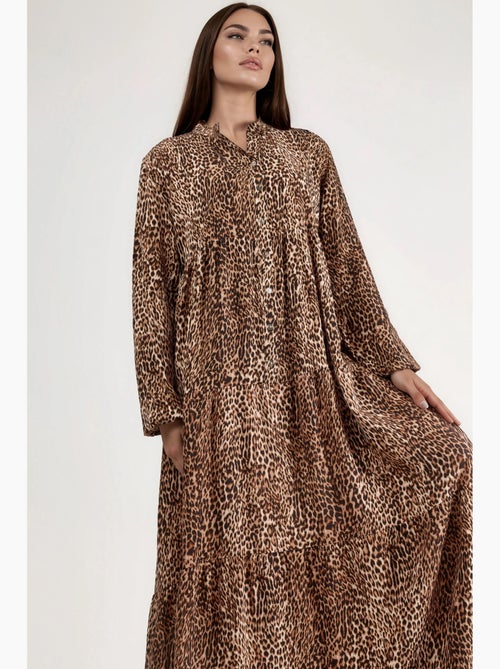 Robe longue imprimée léopard, coupe confortable, col en v et fermeture boutonnée hiccup - Kiabi