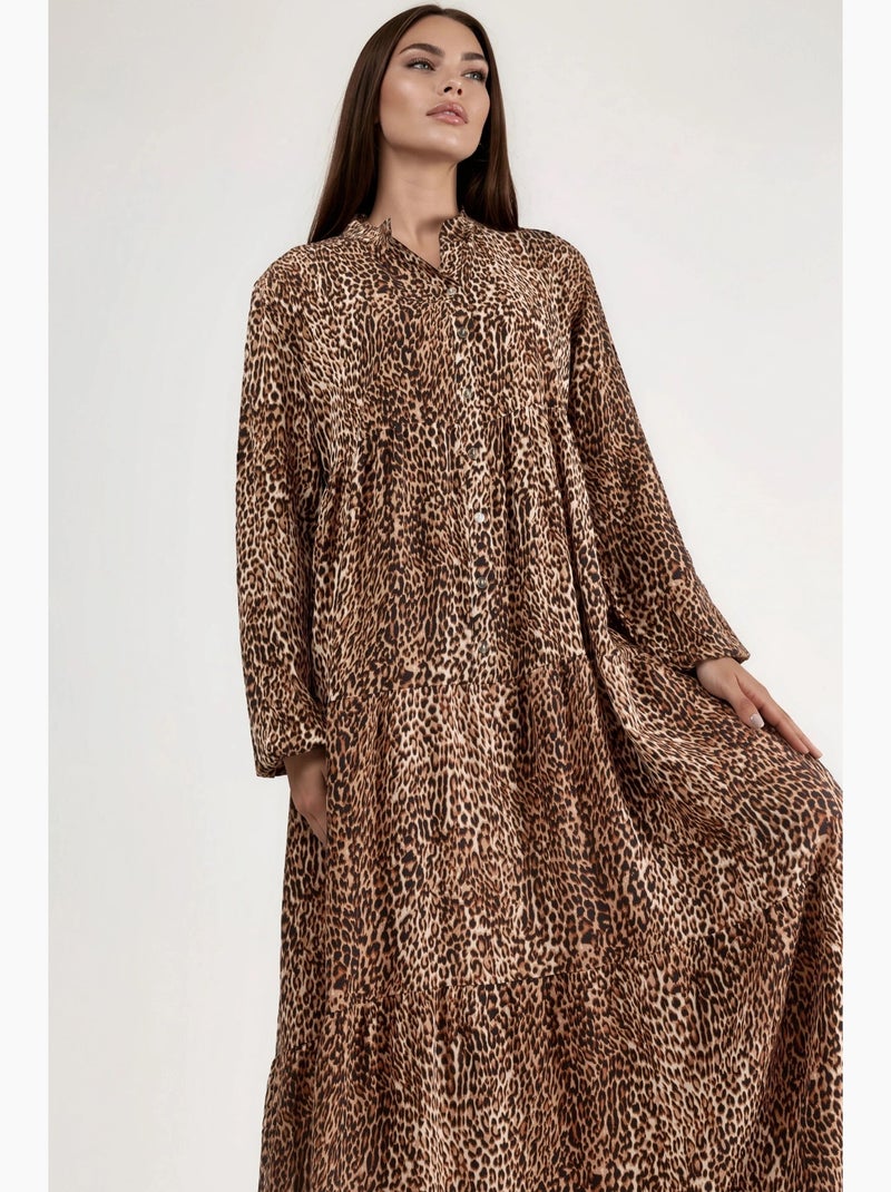 Robe longue imprimée léopard, coupe confortable, col en v et fermeture boutonnée hiccup Camel - Kiabi