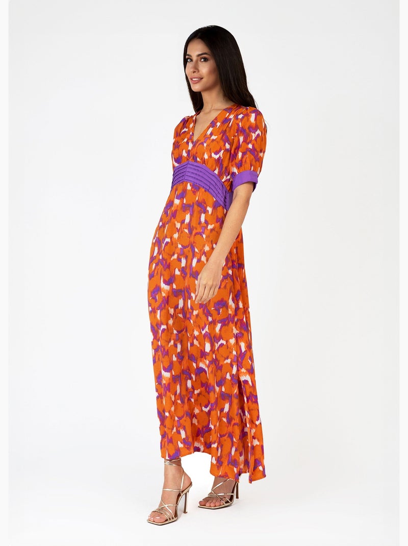 Robe longue imprimée taille plissée - AFIBEL Orange - Kiabi