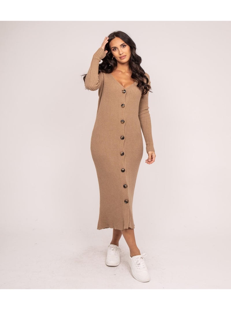 Robe longue maille côtelée IVERNY Beige - Kiabi