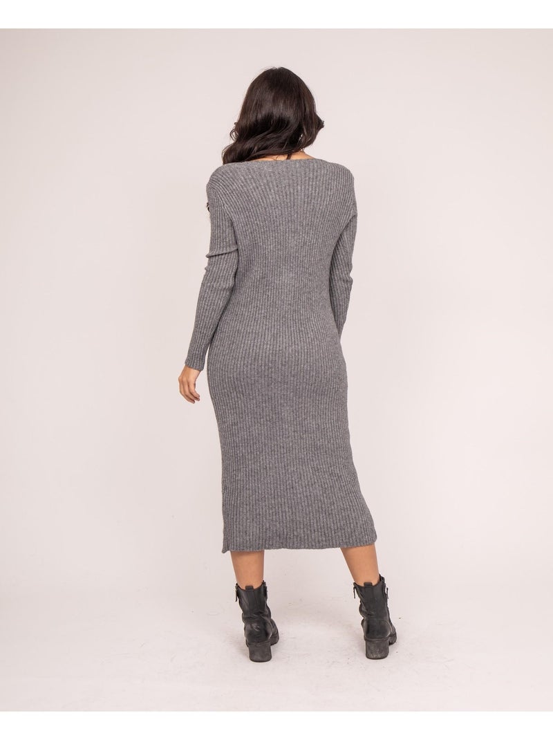 Robe longue maille côtelée IVERNY Gris chiné - Kiabi