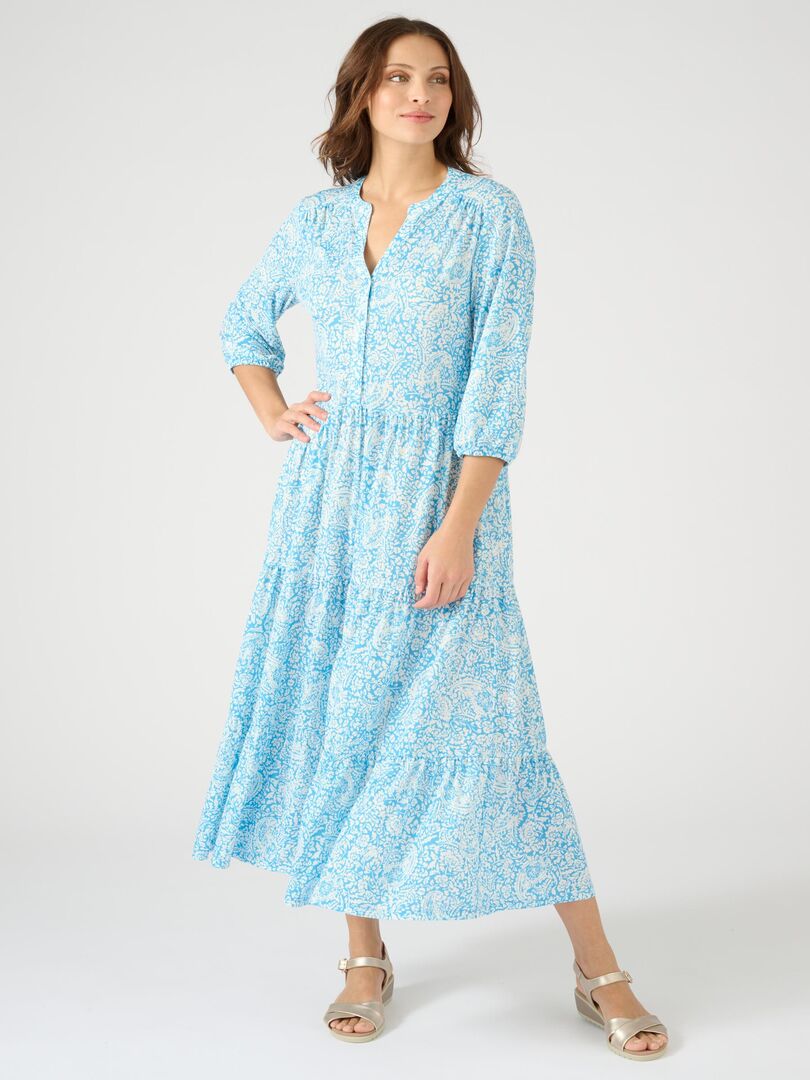 Robe longue maille crêpe à volants - Damart Bleu - Kiabi