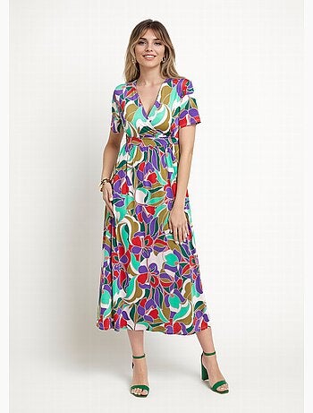 Robe longue manches courtes, fleuri graphique - Afibel