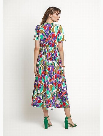 Robe longue manches courtes, fleuri graphique - Afibel