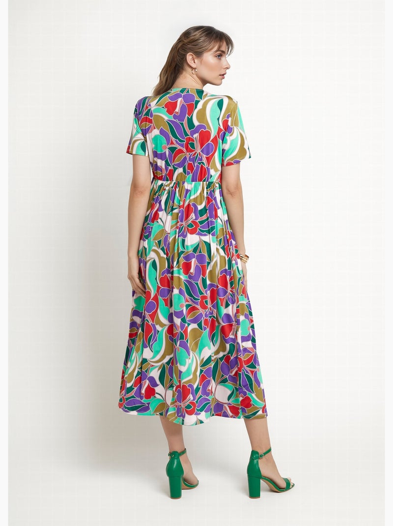 Robe longue manches courtes, fleuri graphique - Afibel Violet - Kiabi