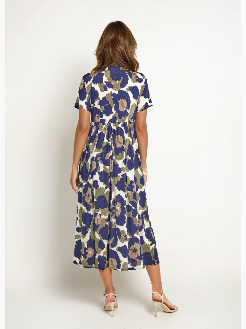Robe longue manches courtes, fleuri stylisé - Afibel Bleu marine - Kiabi