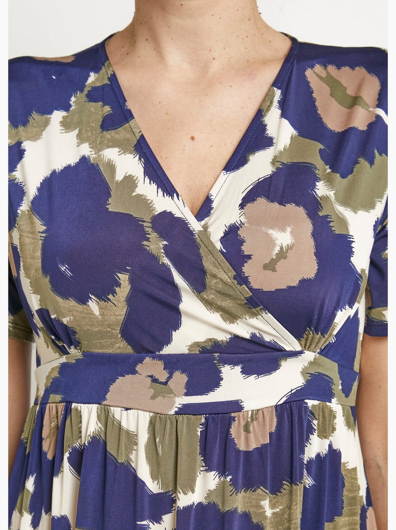 Robe longue manches courtes, fleuri stylisé - Afibel Bleu marine - Kiabi