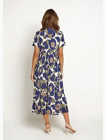 Robe longue manches courtes, fleuri stylisé