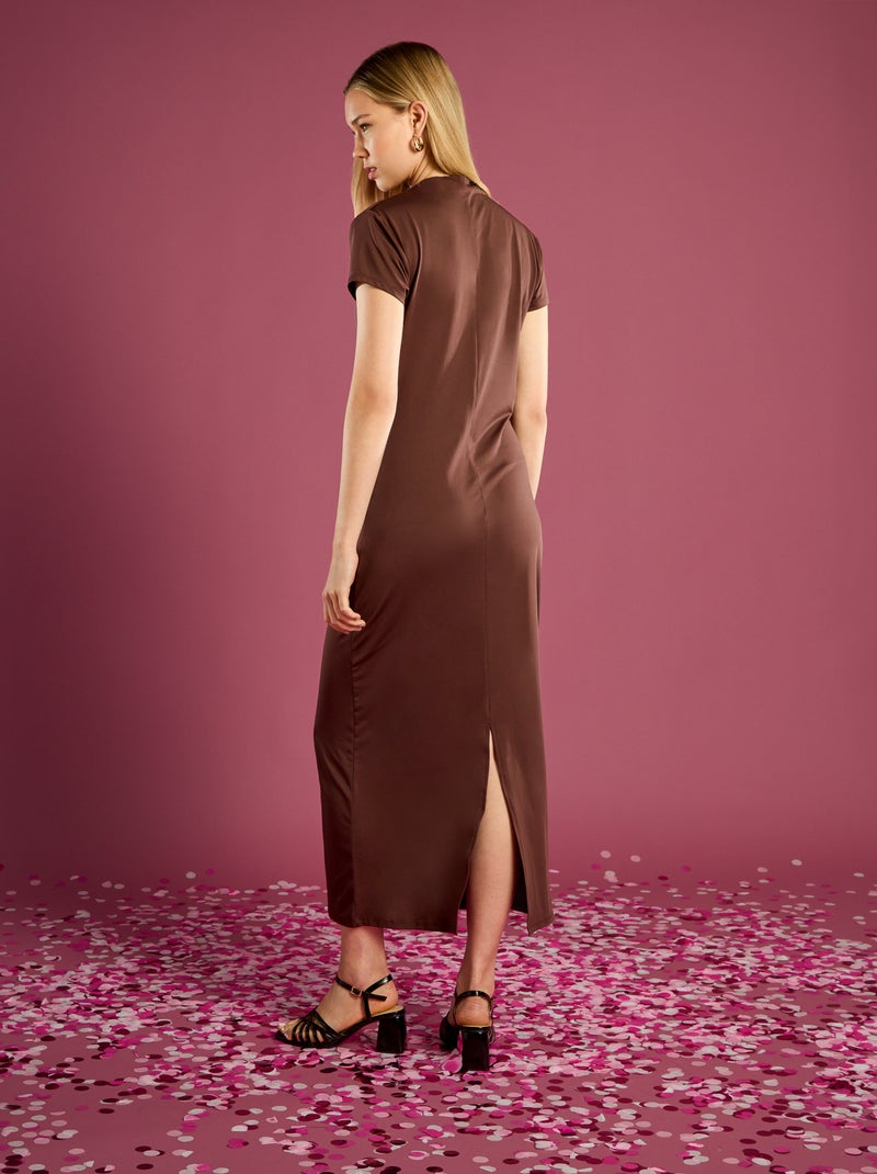 Robe longue manches courtes uni Marron - Kiabi