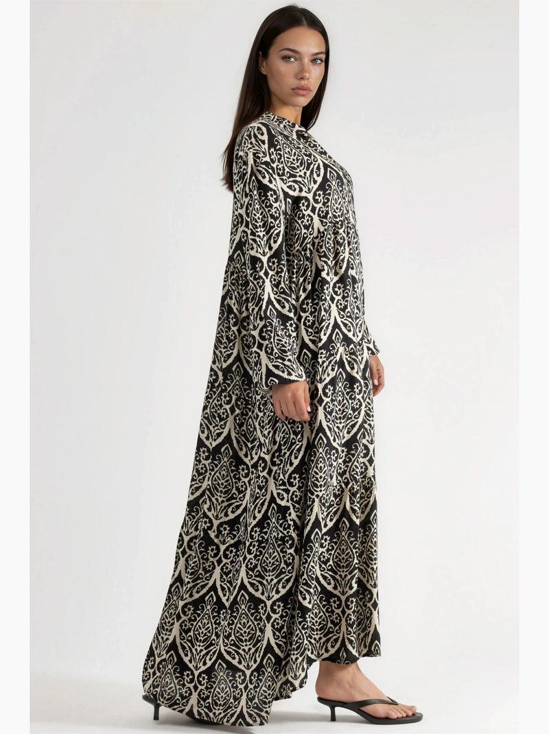 Robe longue maxi à col en v et à motifs, manches longues hiccup Beige - Kiabi