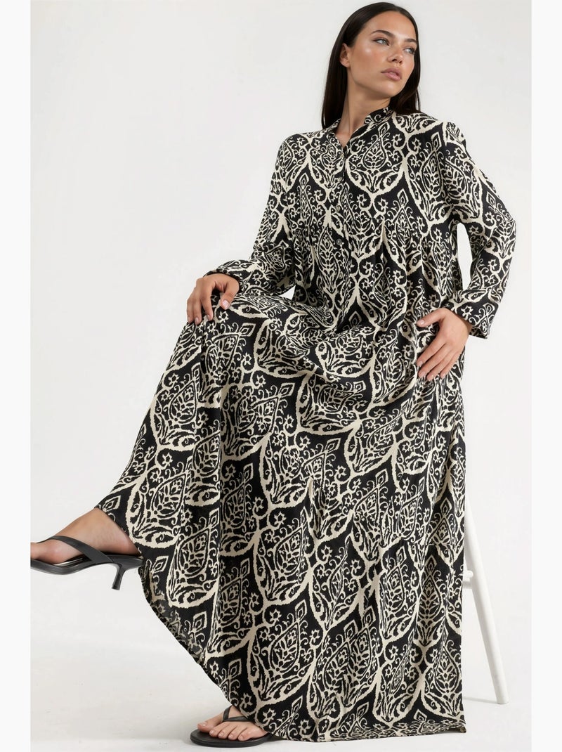 Robe longue maxi à col en v et à motifs, manches longues hiccup Beige - Kiabi
