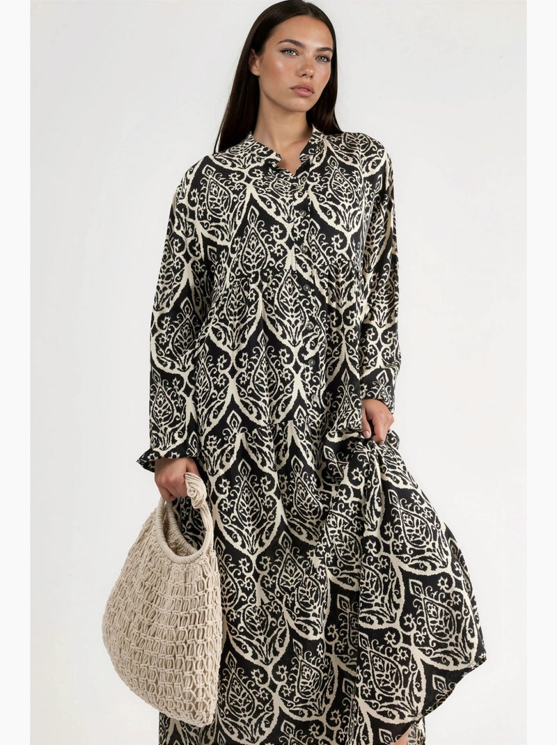 Robe longue maxi à col en v et à motifs, manches longues hiccup Beige - Kiabi