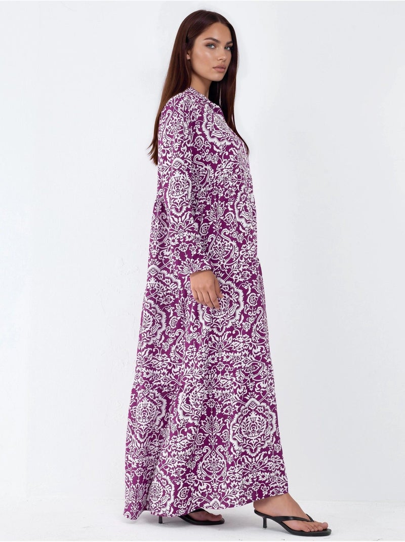 Robe longue maxi à col en v et à motifs, manches longues hiccup Mauve - Kiabi
