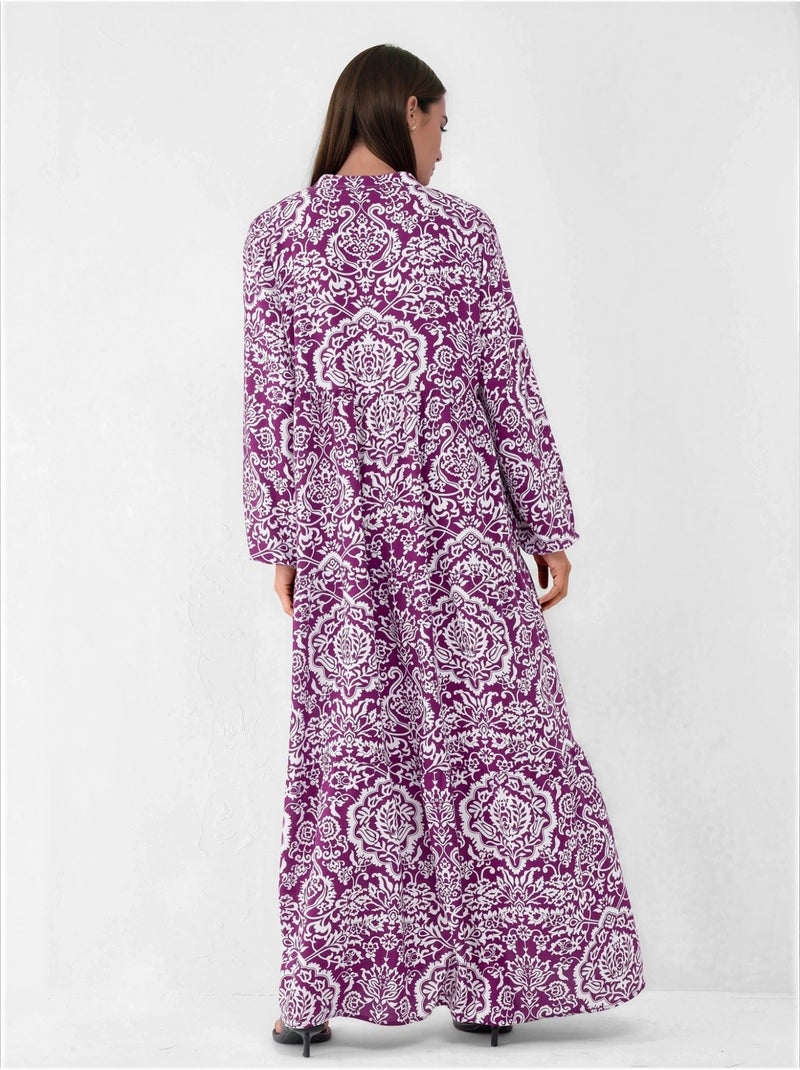 Robe longue maxi à col en v et à motifs, manches longues hiccup Mauve - Kiabi