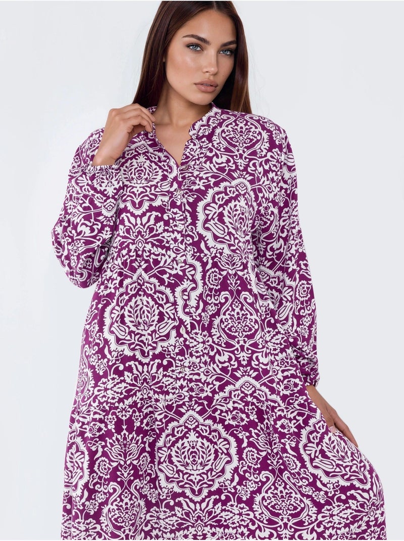 Robe longue maxi à col en v et à motifs, manches longues hiccup Mauve - Kiabi