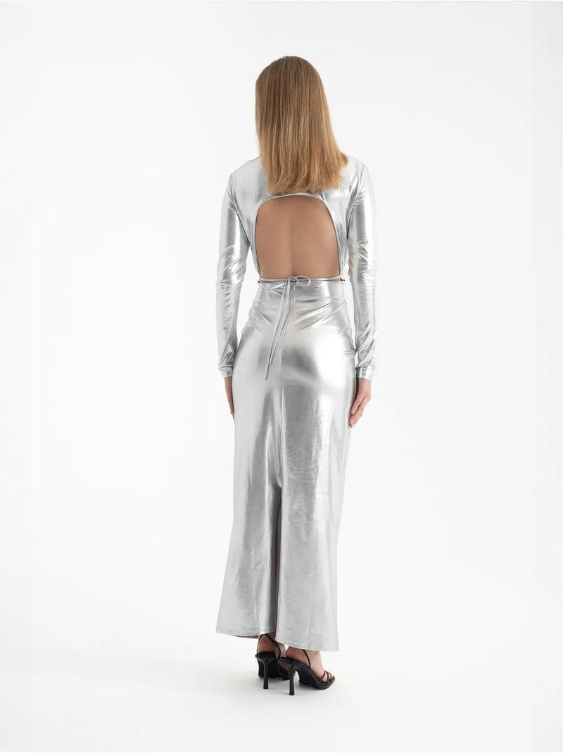Robe longue métallisée à col en V et manches longues Argent - Kiabi