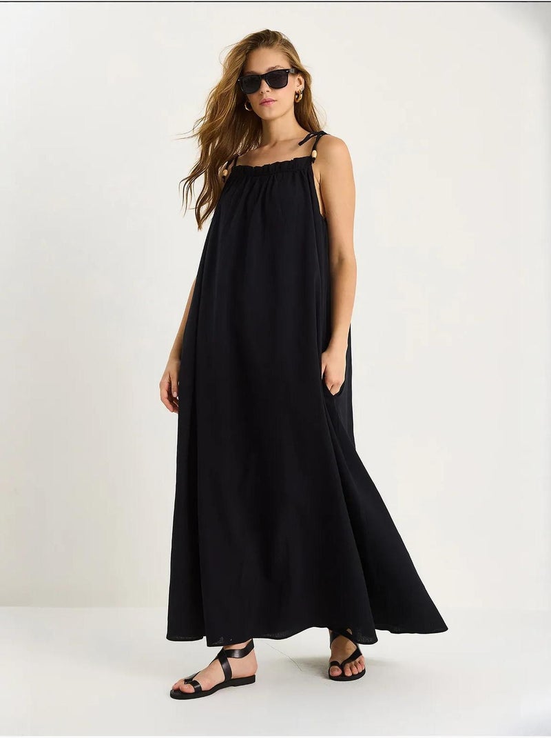 Robe longue midi à col carré et détails volantés lucci Noir - Kiabi