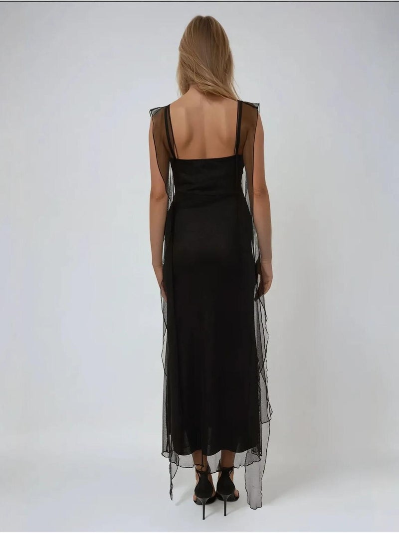 Robe longue moulante à col cœur et volants Noir - Kiabi