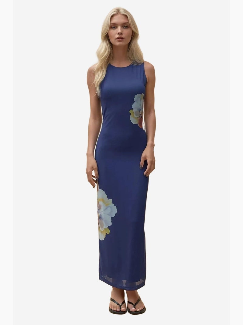 Robe longue moulante à col ras du cou et à fleurs hiccup Bleu marine - Kiabi