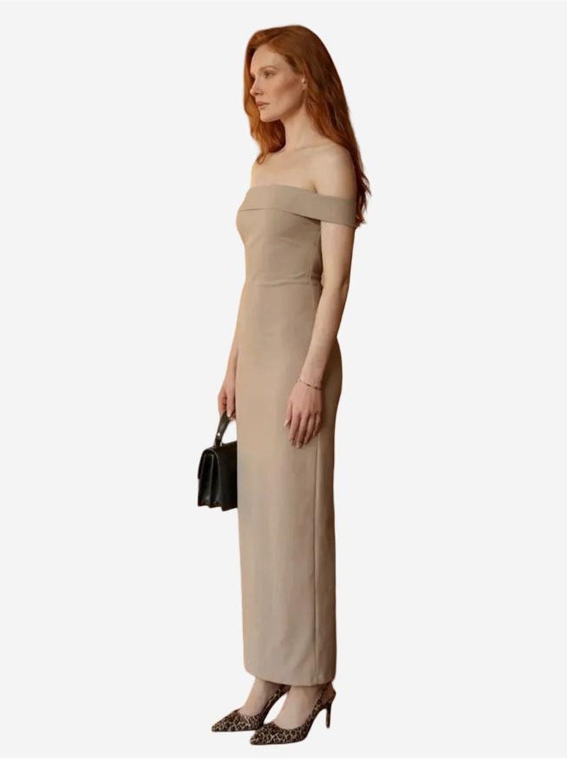 Robe longue moulante à épaules dénudées et fente my fashion Beige argile - Kiabi