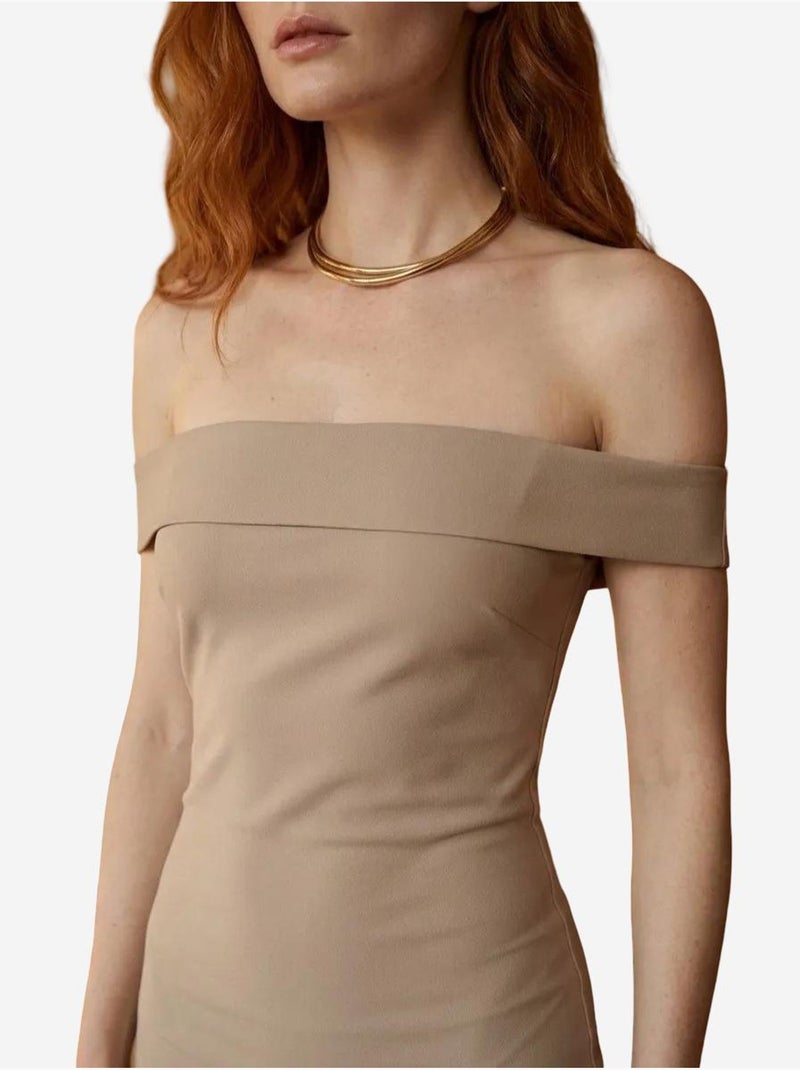 Robe longue moulante à épaules dénudées et fente my fashion Beige argile - Kiabi