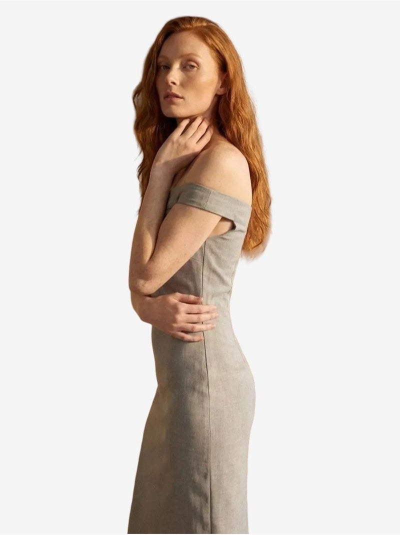 Robe longue moulante à épaules dénudées et fente my fashion Gris - Kiabi