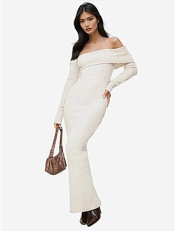 Robe longue moulante côtelée à épaules dénudées