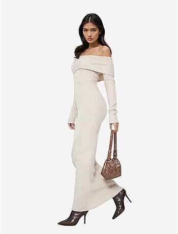 Robe longue moulante côtelée à épaules dénudées
