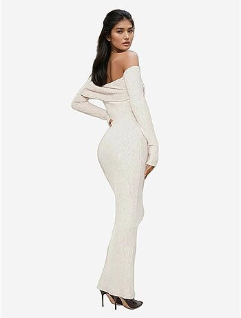 Robe longue moulante côtelée à épaules dénudées