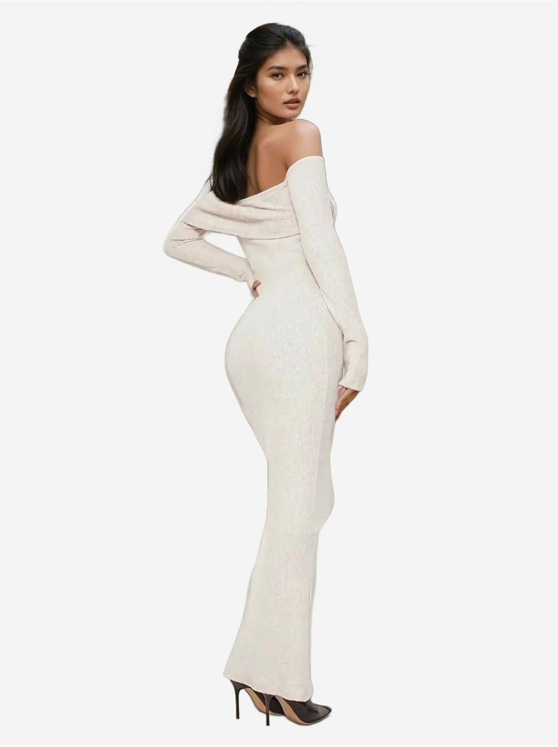 Robe longue moulante côtelée à épaules dénudées Beige naturel - Kiabi