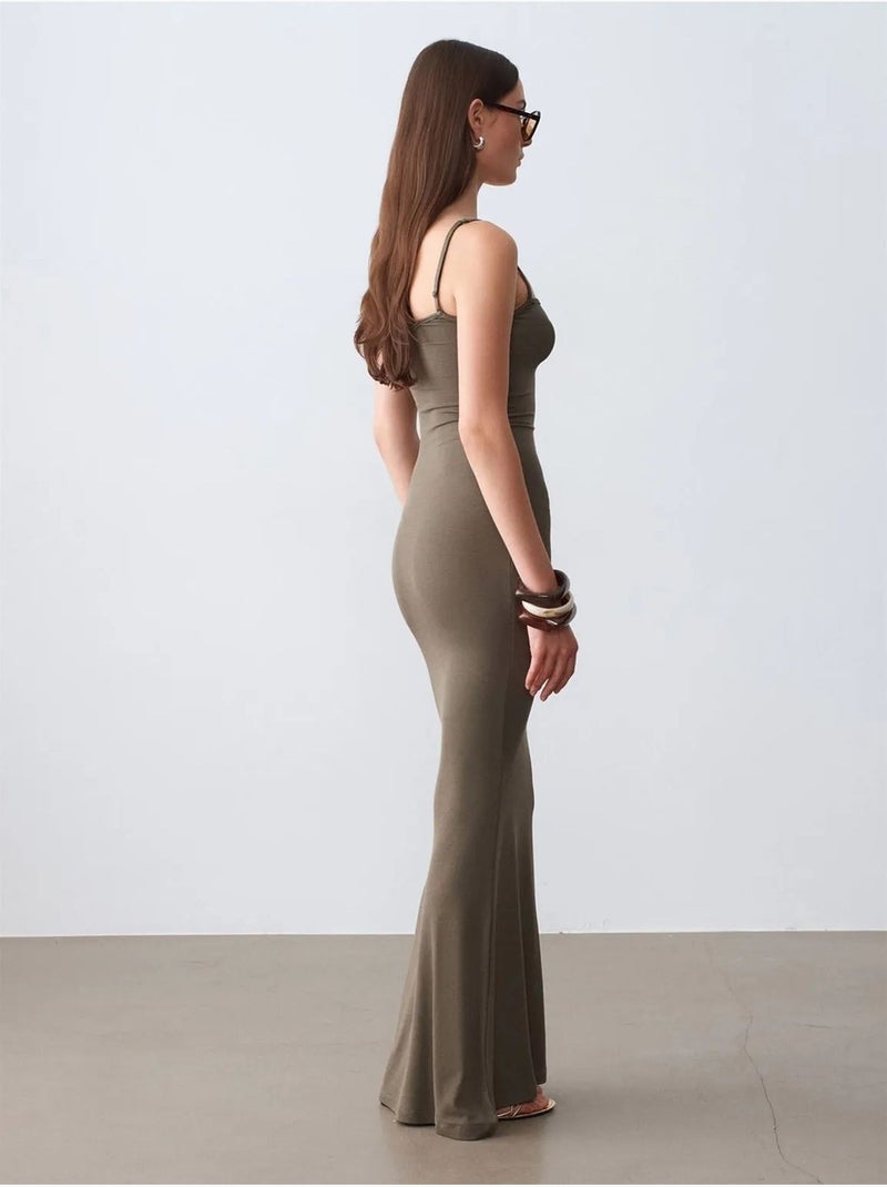 Robe Longue Moulante Côtelée Kaki - Kiabi