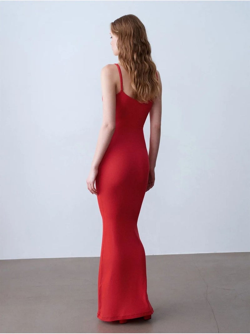 Robe Longue Moulante Côtelée Rouge - Kiabi