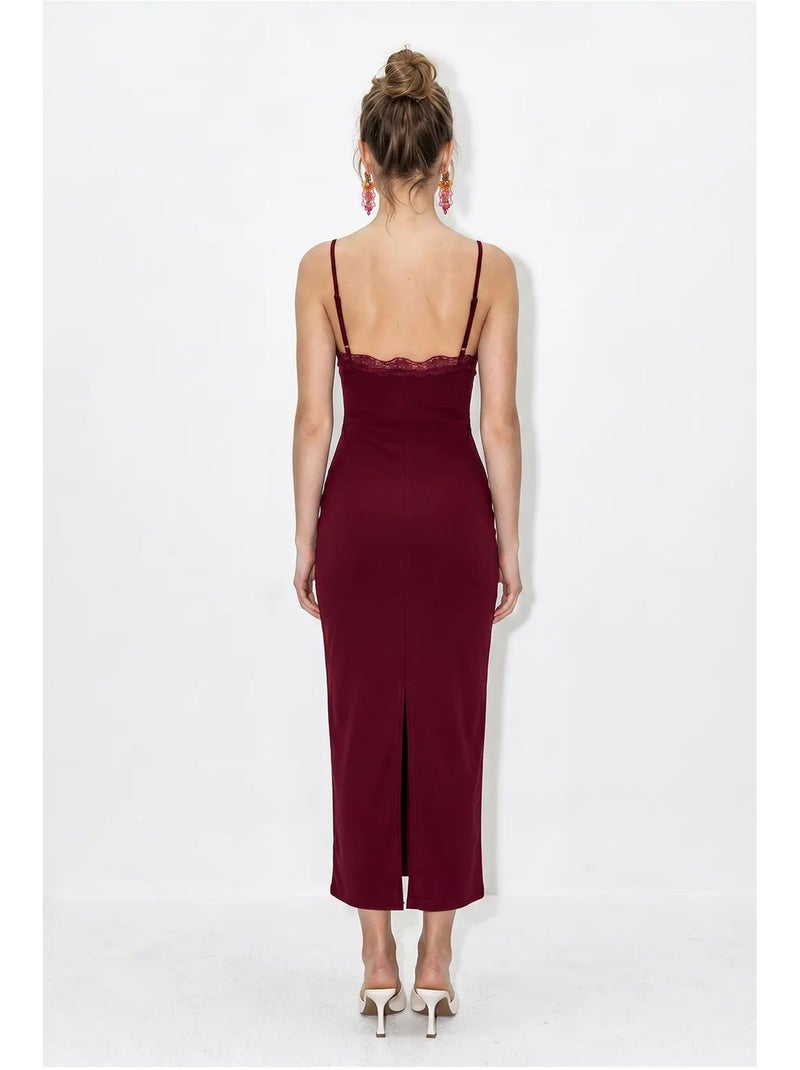 Robe longue moulante en dentelle lucci Rouge bordeaux - Kiabi